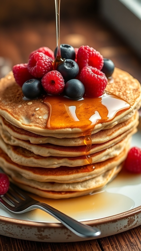 Fluffy oat pancakes topped with berries and syrup on a wooden table.